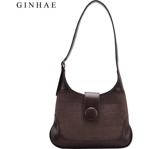 Autumn Winter Women Armpit Shoulder Bags Patchwork Suede Handbag Ladies Vintage Leather Underarm Bags INS Baguette Shape Bags