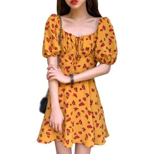 Beach Holiday Floral Dress Female Summer Floral Beach Mid-length Square Colloar Retro Vestidos