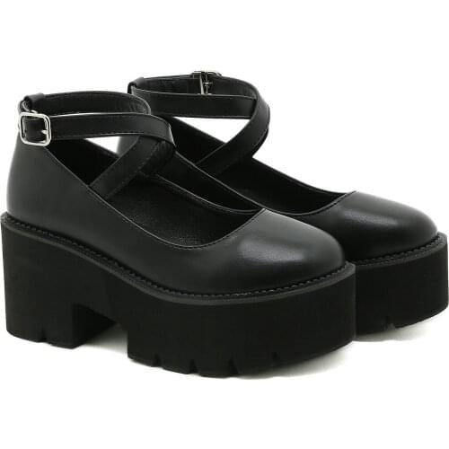Fashion New Spring College Student Shoes Platform high heels Uniform PU Leather Platform Heels Ankle Strap Womens Pumps