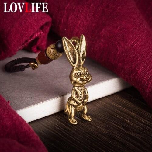 Vintage Brass Cute Rabbits Keychains Pendants Jewelry Gifts for Friends Children Zodiac Animal Figures Car Key Chains Hangings