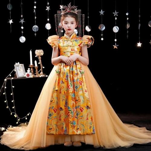 Girl Oriental Evening Gowns China Children Trailing Ball Gown Chinese Wedding Qipao Cheongsam Yellow Sexy Dress For Girls L1149