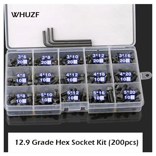 WHUZF 200Pcs M3 M4 M5 12.9 Grade Carbon Steel Hex Socket Cap Screws Bolt Set Assortment Kit Precise Metric Bolts Kit