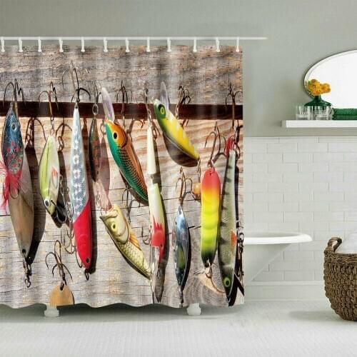 Fish Shower Curtain Bait Pattern on Rustic Boards Fishing Themed Bath Curtains