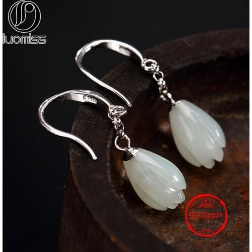 925 Silver Earrings for Women Jewelry Natural Hetian Jade Flower Earrings