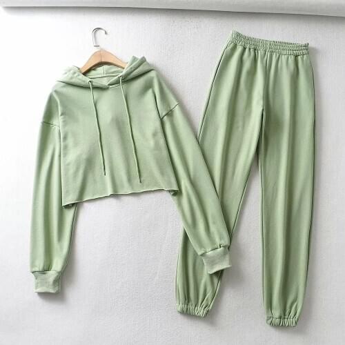 2021 Spring 2 Piece Sets Womens Outfits Short Sports Hooded Sweatshirt + High Waist Sweatpants Female