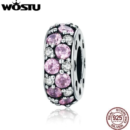 WOSTU Hot Sale 100% 925 Sterling Silver Sparkling Pink CZ Spacer Charm fit Bead Bracelet S925 Silver DIY Jewelry Gift CQC635