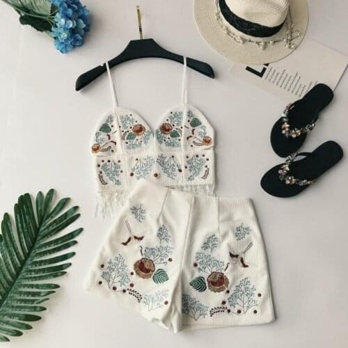 Chinese Style 2020 Summer Women 2pcs Sets Embroidery Floral Sling Tassel Top + High Waist Embroidery Shorts Female Two Piece Set