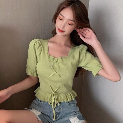 Women Knit Crop Top Fashion Slim-fit Cross Strappy Ruffles T Shirt Short Sleeves Solid Color T-shirt