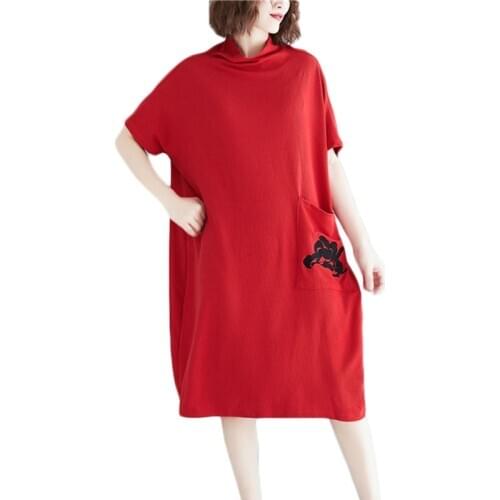 New Plus size Half high collar Dress Women Spring autumn Short sleeve Dresses Womens Korean Loose Embroidered Bottom Dresses 132