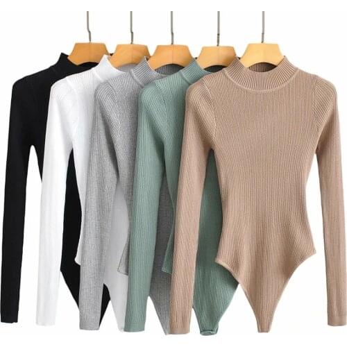 Autumn Winter Women Knitted Stand-up Colla Long Sleeve Black White Green Khaki Bodycon Bodysuit Jumpsuit