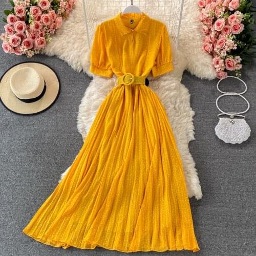 Female Vintage Dress Short Sleeve Slim A-line Pleated Dress New 2021 Summer Fashion Dot Printed Women Elegant Maxi Dress Korean