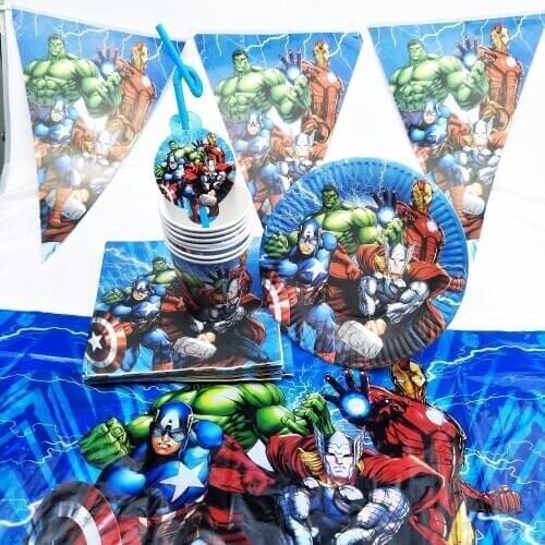 82pc/set Superhero Avengers Kids Birthday Decoration Supplies Tableware Plates Cups Napkin Straw Tablecloth Baby Shower Favors