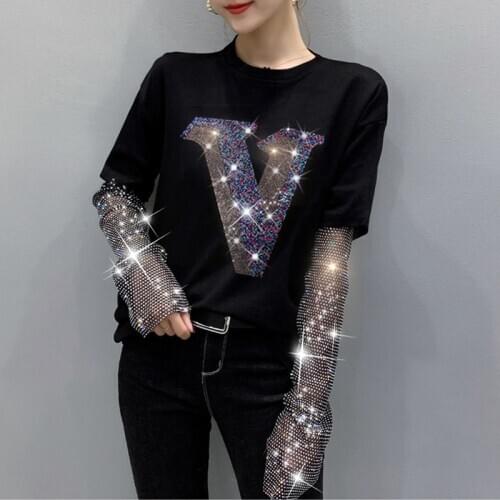 Diamond Letters Shirt Womens 2020 Spring Stitching Hot Drill Long-sleeved T-shirt Female Loose Water Drill Fake Two-piece Tops