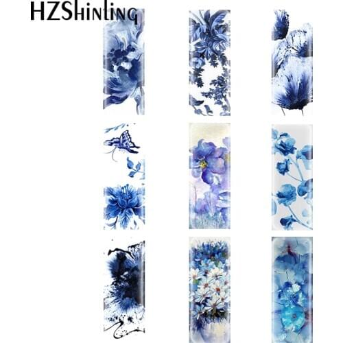 Blue and White Floral Watercolor oil Paintings Rectangular Glass Cabochons Jewelry Findings & Components Semi Finished Jewelry