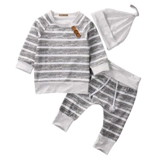 Newborn Baby Girls Boy Striped Tops T-shirt+Pants+Hat 3 pcs Set Clothes Outfits Set Costume Autumn Baby Warm Clothing