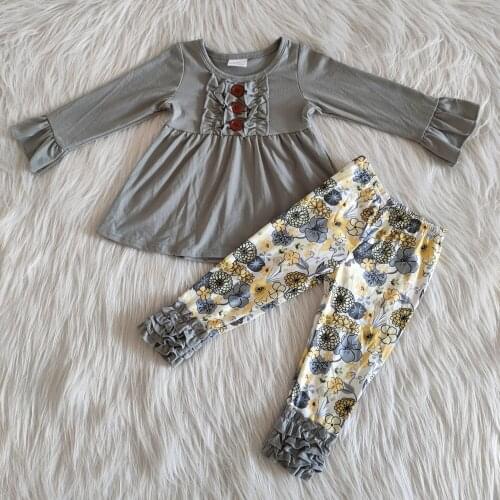 RTS New Baby Toddler Girl Clothing-Sets Gray dress flower printed Ruffles Pants Spring fall Boutique Kids Clothing