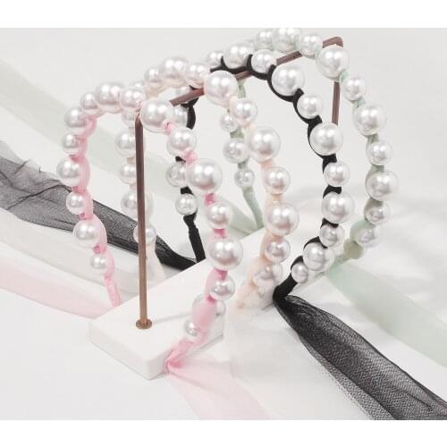 New Fashion Yarn ImItation Pearls Bowtie Hairband For Women Girls Long Ribbon Streamer Headband Super Fairy Hair Accessories