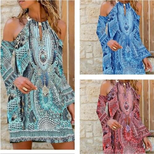 Summer O-Neck Print Womens Short Sleeve Dress Lady Off Shoulder Sundress Beach Mini Dress