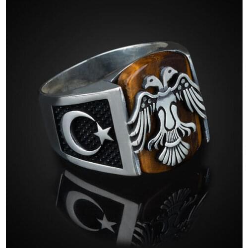 Men Silver Ring With Brown Tiger Eye Stone And Animal Eagle Motif, Made In Turkey, Seljuk Empire Ring, Solid 925 Sterling Silver