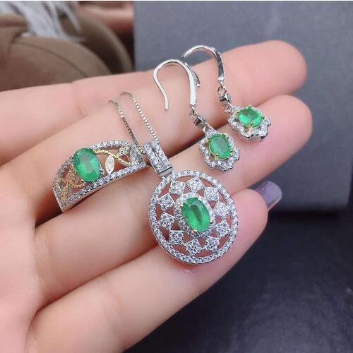 Real Natural Emerald jewelry set Natural Real Emerald 925 sterling silver 1pc pendant,1pc ring,2pcs Earring