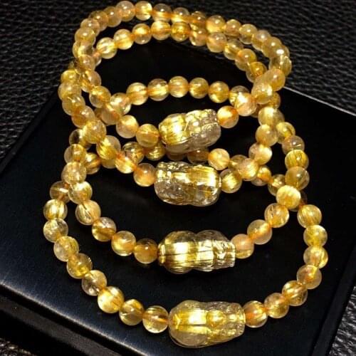 Natural Gold Rutilated Titanium Quartz Woman Men Bracelet Pi Xiu Pendant 6mm 7mm 8mm 9mm Clear Round Beads Brazil AAAAAAA