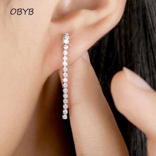 OBYB Ear Studs Long Tassel Earrings for Women 2021 Trendy Inlay Zircon Studs Earrings Ear Line Fashion Wedding Jewelry Gifts