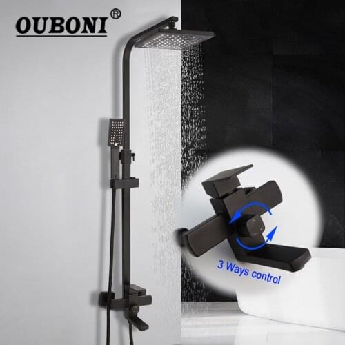 OUBONI Matte Black Bathroom Shower Faucet Set 8 Inch Rain Shower Head Bath Adjudst Height Bathtub Shower Mixer w/ Hand Shower