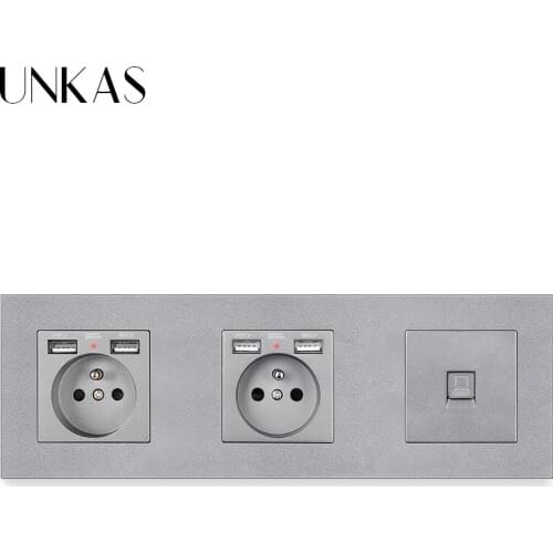 UNKAS PC Plastic Panel Double French Standard Socket With 4 USB Charge Port + RJ45 Internet Computer Jack Electric Socket