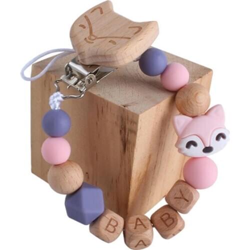 Personalized Name Baby Pacifier Chain Clip Silicone Beads Holder Dummy Clips Fox Teether Teething Toy Mom Soother Chain BPA Free
