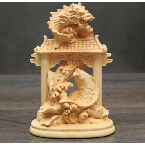 15cm Carps Jumping Over The Dragon Gate Sculpture Boxwood Carved Prosperity Feng Shui Statue Animal Home Decor