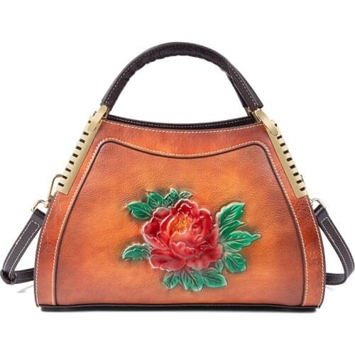 Women Genuine Leather Messenger Shoulder Tote Bags Flowers Real Cowhide Female Lady Designer Cross Body Top Handle Bags Handbag