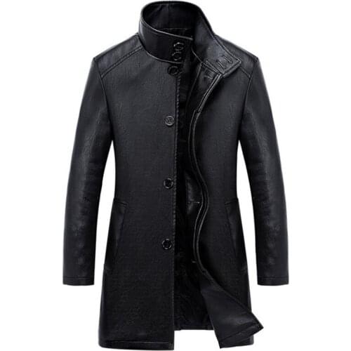 New Luxury Trench Leather Coat Mens Single breasted Business Casual Leather Jacket Male Black Long PU Coat Big Size 4XL