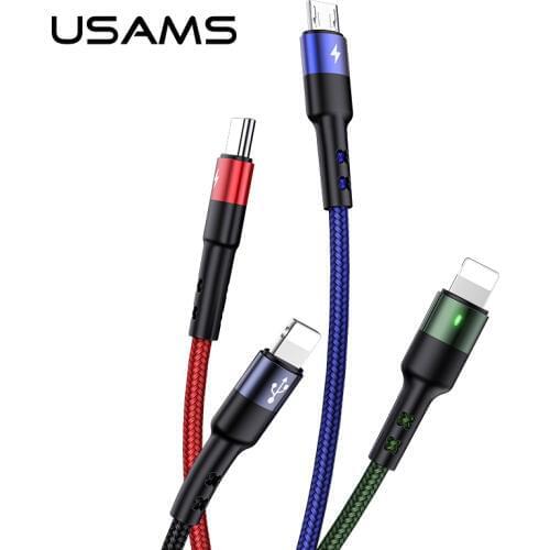 USAMS 4 3 in 1 usb charging cable 3m For iPhone 8 Samsung huawei xiaomi 9 phone charger for lightning micro usb type c cable LED