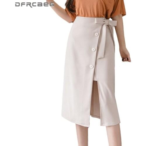 High Waist Womens Front Button Midi Skirts With Lace Up 2020 Summer Sexy Split Work Office Formal Skirt Knee Length Saia Femme
