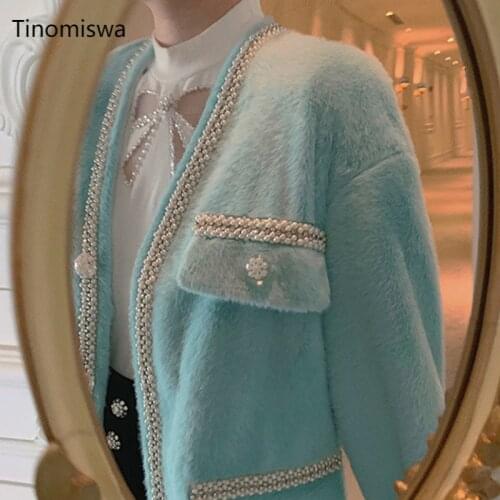 Tinomiswa V Neck Elegant Jacket Women Pearl Decoration Single Breasted Long Sleeve Korean Coats Autumn Winter Clothes Ropa Mujer