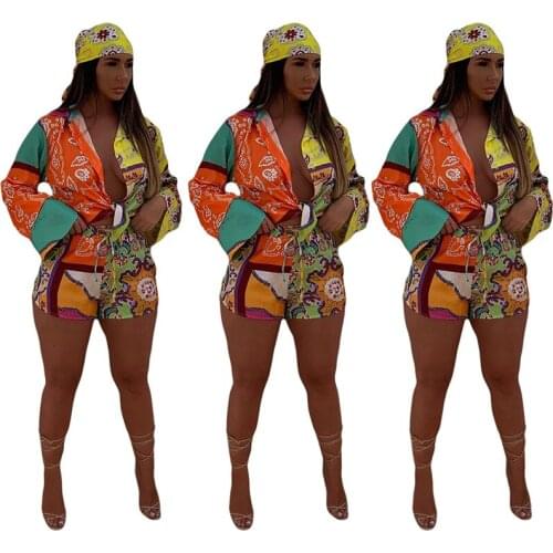 Women 3pcs Vintage Printed Suits Autumn Long Sleeve Deep V Neck Tie Front Shirt & Casual Shorts Set With Scarf Holiday Outfits