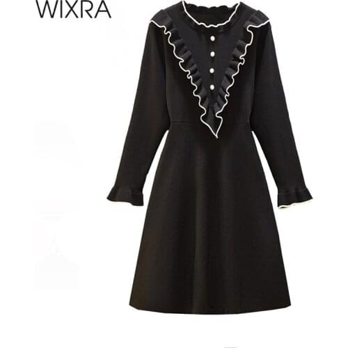 Wixra Knitted Dresses Womens Autumn Spring Ruffles A Line High Street Buttons Short Clothing Plus Size For Lady