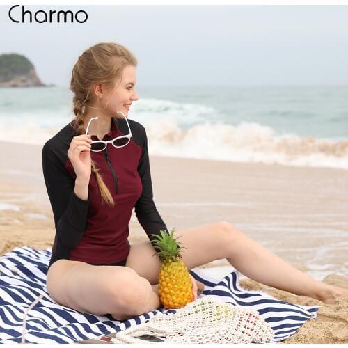 Charmo Women Long Sleeve Front Zipper Rashguard Shirt Swimsuit Patchwork Swimwear Surfing Top Hiking Shirt Rash Guard UPF50