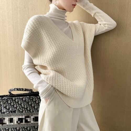 2021 New Knitted Pullover Sweater for Women Solid V-neck Female Sleeveless Sweater Vest White Casual Loose Ladies Knitwear Tops