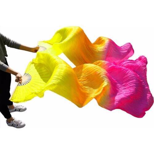 High Quality 100% Silk Belly Dancing Fans 1 Pair Handmade Dyed Silk Belly Dance Long Fans 5mm Yellow+Orange+Rose 180x90cm Fans