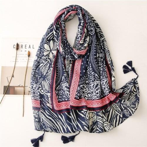 2021 Fashion African Ethnic Navy Blue Floral Tassel Viscose Scarf Lady High Quality Shawls and Wraps Stole Bufandas Muslim Hijab