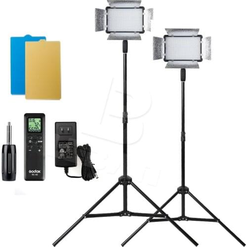 2X Godox LED500LRW 500LED Video Light 5600K White Version With Reflector & Remote + 200cm 1/4" Screw Light Stand for Photography