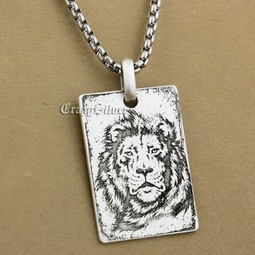 925 Sterling Silver High Detail Deep Engraved Customizable Lion King Dog Tag Mens Biker Rocker Punk Pendant 9X003 Necklace 26"