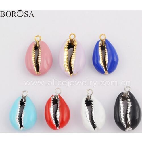 BOROSA 10PCS Gold Silver Color Boho Style Rainbow Cowrie Shell Pendant Charms for Necklace Summer Beach Jewelry WX1074