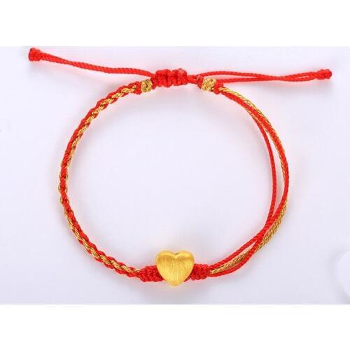 Solid 24k Yellow Gold Bracelet Smart Heart Bead Golden Cord Bracelet
