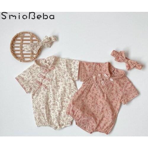 Baby Rompers With Headband Short Sleeve Cheongsam Baby Antique Newborn 6-24 Months Infant Girls Birthday Wedding Jumpsuits Roupa