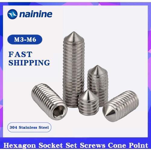 DIN914 [M2-M12] 304 Stainless Steel Grub Screws Cone Point Hexagon Hex Socket Set Screws A005