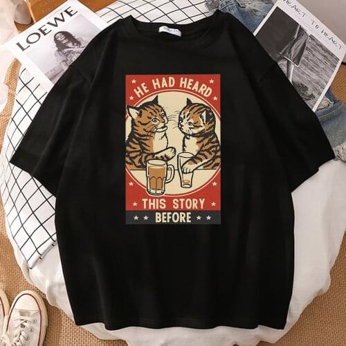 Cute Cat Drink Beer Printed Men T-Shirt Creativity Comfortable Male Tees Shirt Simplicity Crewneck Tshirt Cool Loose T Shirt