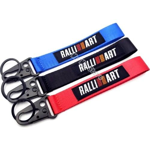 JDM Style RALLIART Logo Keychain Car Seat Belt Material Nylon Cloth Embroidery keyring For Mitsubishi Key ring Accessories