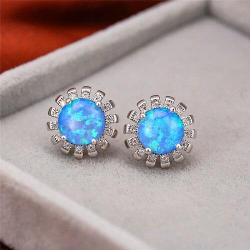 Classic Female Round Blue Opal Earrings Dainty Rainbow Flower Stud Earrings For Women Trendy Vintage Wedding Earrings